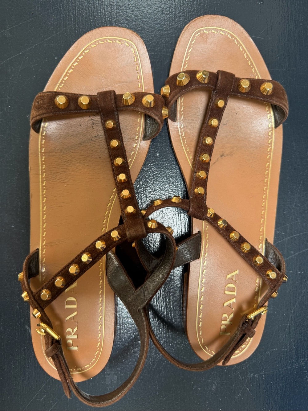 Prada suede brown flat sandals gold studs size 40